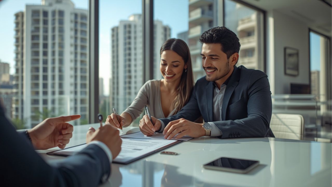 casal assinando contrato de compra de imóvel