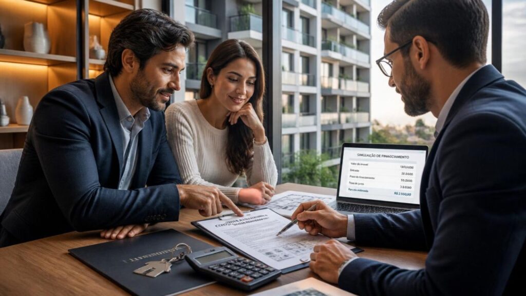 Casal analisando informações para comprar imóvel