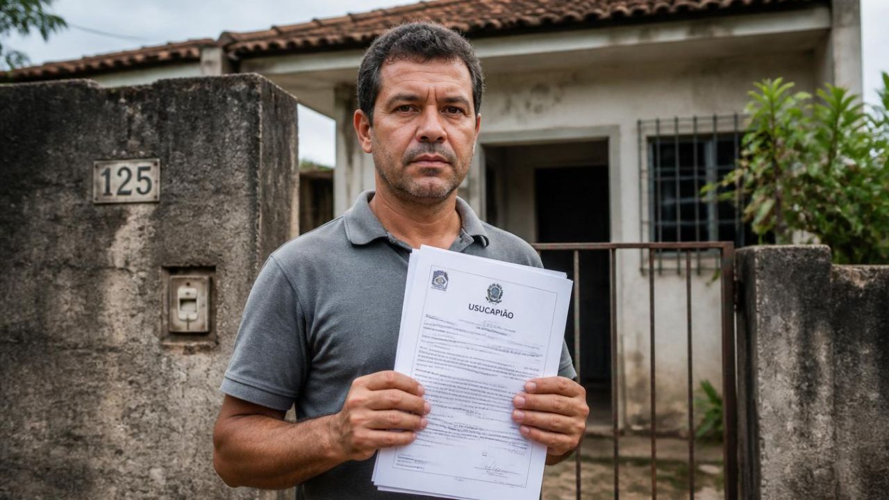 homem em frente à casa velha de posse