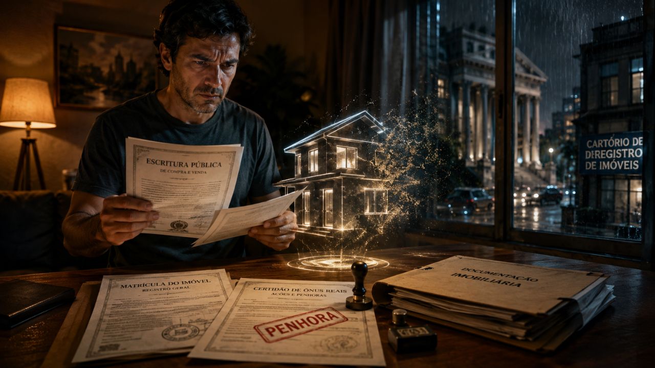 Comprador examinando documentação de um imóvel.