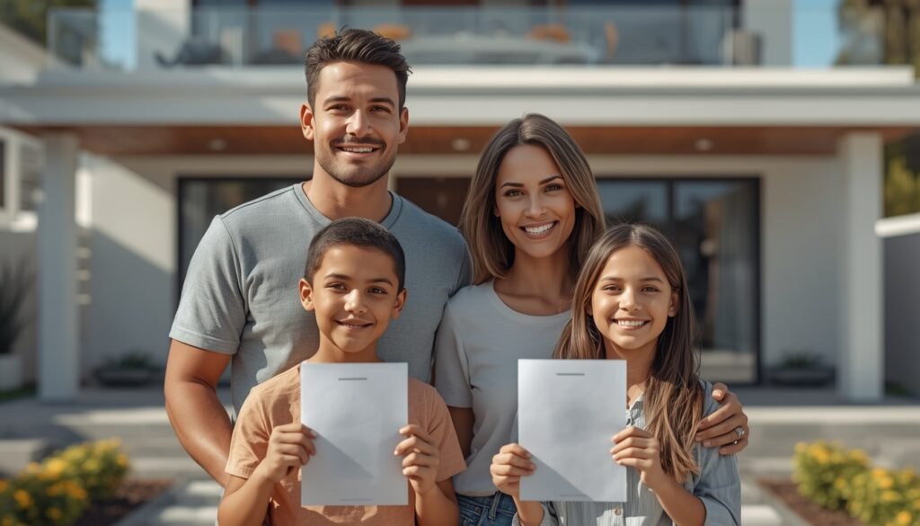 imagem ilustrativa pais e filhos com documento de doação de imóvel
